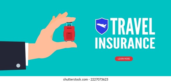 travel  insurance web banner design businessman hand with small luggage vector illustration