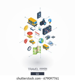Travel integrated 3d web icons. Digital network isometric interact concept. Connected graphic design dot and line system. Background whith tour map, hotel booking, flight ticket. Vector on white.