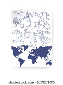 Travel integrated thin line symbols. Abstract World map banner. Travel time poster with sun, palm tree, starfish, cocktail, baggage, airplane and other symbols of summer vacation. Vector illustration.