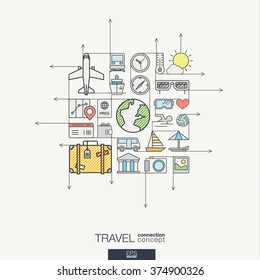 Travel integrated thin line symbols. Modern color vector concept, with connected flat design icons. Abstract background illustration for tourism, holiday, trip, summer, vacation concepts. 