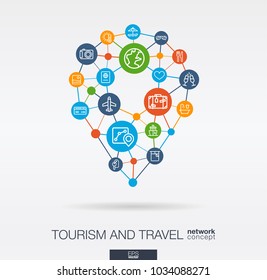 Travel integrated thin line web icons in map pin sape. Digital network concept. Connected graphic design polygons, circles system. Vector background whith gps navigation marker, tourism, hotel booking