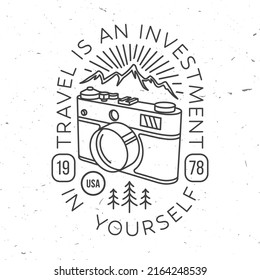 Travel is an investment in yourself. Vector illustration. Concept for shirt or logo, print, stamp or tee. Vintage line art design with retro photo camera and mountain. Camping quote.