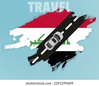 Travel to Iraq by car, going holiday idea, vacation and travel banner concept, car on the road with Iraq flag, international car travel, automobile going on a way, top view