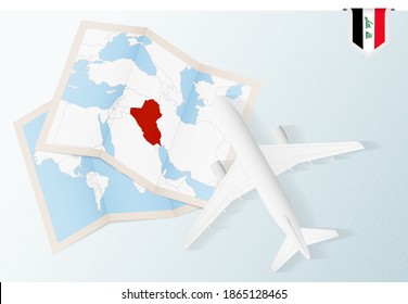 Travel to Iraq, top view airplane with map and flag of Iraq. Travel and tourism banner design.