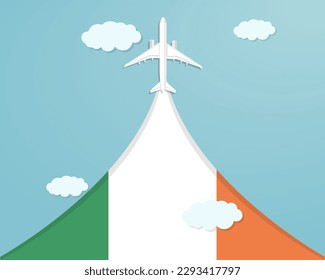 Travel to Ireland by flight, destination concept, vacation in Ireland, plane vector design, paper cut effect with blue sky and airplane, summer trip idea, country tourism banner