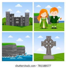 Travel to Ireland. Cliffs of Moher, Malahide castle, people, woman and man with national flag, celtic cross. Set of square vector flat illustration.