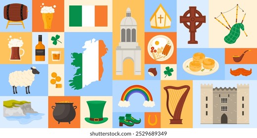 Travel to Ireland, geometric banner design with Irish culture, landmarks and food. Map with country flag, beer and whiskey, traditional good luck elements, Cliffs of Moher cartoon vector illustration