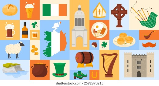 Travel to Ireland, geometric banner design with Irish culture, landmarks and food. Map with country flag, beer and whiskey, traditional good luck elements, Cliffs of Moher cartoon vector illustration