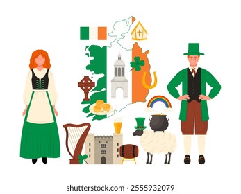 Travel to Ireland infographic poster collage with Irish man and woman in traditional dress, culture elements and famous sightseeing, leprechauns gold and rainbow, shamrock cartoon vector illustration