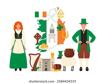 Travel to Ireland infographic poster collage with Irish man and woman in traditional dress, culture elements and famous sightseeing, leprechauns gold and rainbow, shamrock cartoon vector illustration