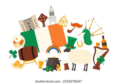 Travel to Ireland, Irish culture elements and famous Saint Patrick Day items, landmarks in infographic collage. Ashford Castle, hat and shoes, leprechauns pot of gold cartoon vector illustration