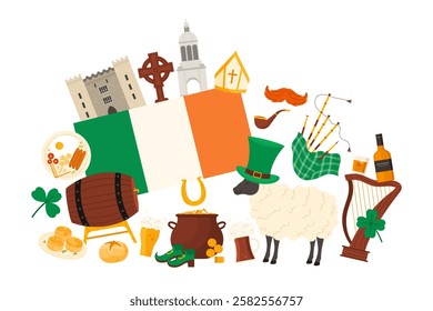 Travel to Ireland, Irish culture elements and famous Saint Patrick Day items, landmarks in infographic collage. Ashford Castle, hat and shoes, leprechauns pot of gold cartoon vector illustration