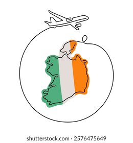 Travel Ireland one line vector illustration. Map of Ireland and airplane drawing.