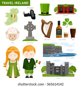 Travel to Ireland. Set of illustrations of Irish architecture, drinks, costumes, traditional symbols, music, musical instruments, dancing, nature. Irish people. Collection of flat icons to guide.