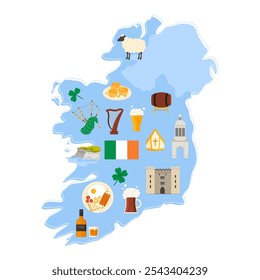 Viaja a Irlanda, cultura y Lugar famoso irlandés, comida y símbolos de buena suerte en la infografía del mapa del país. Sombrero de San Patricio, trébol y barmbrack, Acantilados de Moher Ilustración vectorial de dibujos animados