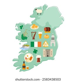 Travel to Ireland set, Irish culture and landmark, food and symbols of good luck on infographic country map. Hat of saint Patrick, clover and barmbrack, Cliffs of Moher cartoon vector illustration