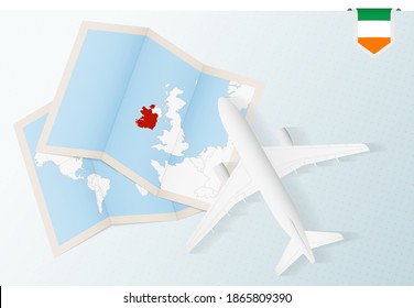 Travel to Ireland, top view airplane with map and flag of Ireland. Travel and tourism banner design.