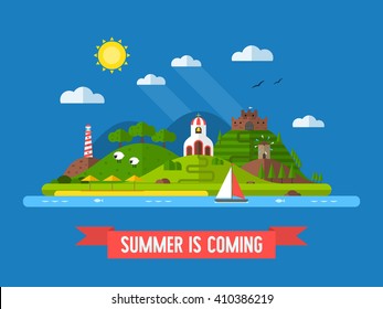 Travel island landscape with green hills, beach, church, mill, fortress, lighthouse and sail boat. Summer travel concept. Sea island flat design. Summertime holidays vector illustration. 
