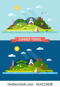  Travel island landscape with green hills, beach, church, mill, fortress, lighthouse and sail boat. Hill islands in flat design. Summer travel banners. Summertime holidays adventure background.