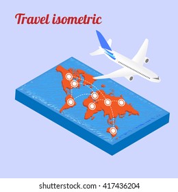 Travel isometric composition. Travel and tourism background. Plane flying over the world map isometric. Flat 3d Vector illustration. 