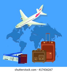 Travel isometric composition. Travel and tourism background.  World travel banner background with aircraft, map, passport and bags. Flat design. Vector illustration