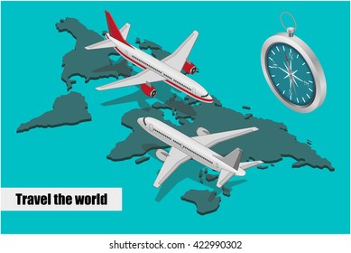 Travel isometric composition. Travel and tourism background. Flat 3d Vector illustration. Travel banner design. Travel  flyer design. World travel banner background. World travel concept.