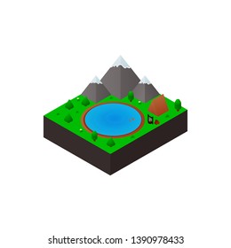 Travel isometric icon. Type of recreation. Mountains and lake. Flat.Element for design of advertising poster, tourist agancy, web banner, mobile app. Vector