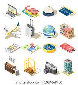 Travel isometric icons set of airplane tickets compass camera travel hotel reception passport isolated images vector illustration   