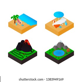 Travel isometric set icons. Various types of recreation. Sea shore, beach, volcano, mountains and lake. Flat. Element for design of advertising poster, tourist agancy, web banner, mobile app. Vector