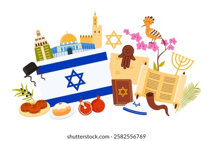 Travel to Israel, culture objects and landmarks, food and flag in infographic collage. Religious symbols of Judaism and holidays decoration, Dome of Rock and menora cartoon vector illustration