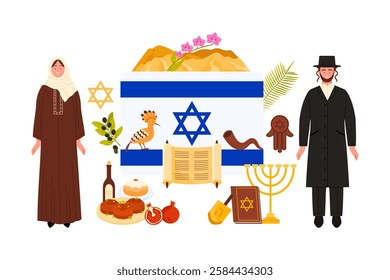 Travel to Israel, culture and religious elements, famous food for tourists in infographic collage. Israeli man and woman, menorah, David star and shofar, hoopoe bird cartoon vector illustration