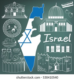 Travel to Israel doodle drawing icon. Doodle with culture, costume, landmark and cuisine of Israel with friendly Palestine tourism concept in blackboard background, create by vector  

