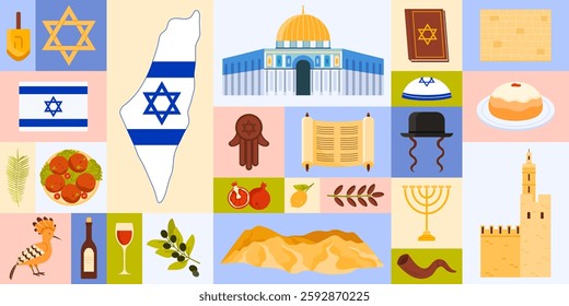 Travel to Israel, geometric infographic banner design with Jewish culture and symbols of Judaism, landmarks and food. Map with country flag, torah and menorah, hamsa cartoon vector illustration