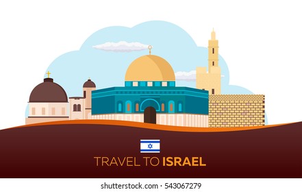 Travel to Israel, Jerusalem Poster skyline. Wailing wall. Vector illustration