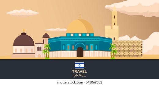 Travel to Israel, Jerusalem Poster skyline. Wailing wall. Vector illustration