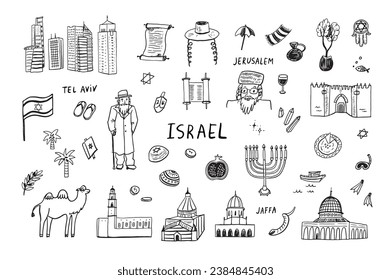 Travel Israel landmarks vector line illustrations set.