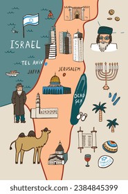 Travel Israel landmarks vector map poster.