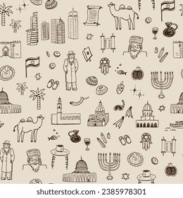 Travel Israel landmarks vector seamless pattern.