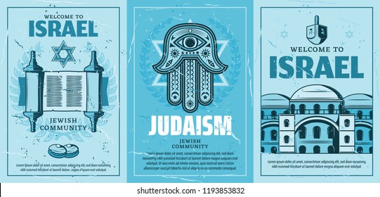 Travel to Israel posters with Judaism religion symbols. Star of David and holy torah scroll, Fatimas hand amulet, synagogue and architecture building. Vector retro brochures for Jewish community