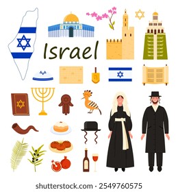 Travel to Israel set. Israeli people in traditional costumes and food for Jewish religious holidays celebrations, Tower of David and book, rabbi hat and wine, Dome of Rock cartoon vector illustration