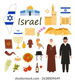 Travel to Israel set. Israeli people in traditional costumes and food for Jewish religious holidays celebrations, Tower of David and book, rabbi hat and wine, Dome of Rock cartoon vector illustration