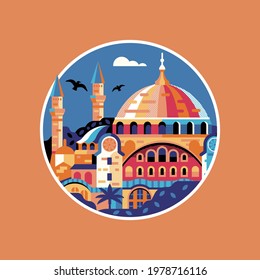 Travel Istanbul geometric icon with colorful muslim mosque and minarets in circle inspired by Hagia Sophia landmark.