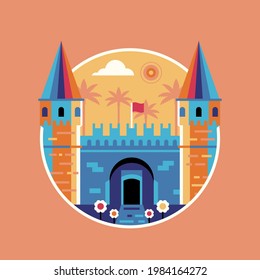 Travel Istanbul geometric icon with colorful fortress gates inspired by Topkapi palace aka Fatih landmark in circle. Visit Turkey concept.