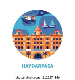 Travel Istanbul geometric icon with colorful historic ottoman building inspired by Haydarpasa train station landmark in circle. Visit Turkey concept.