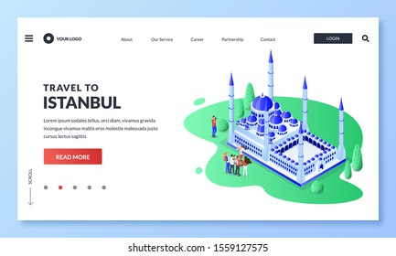 Travel to Istanbul, Turkey. Vector 3d isometric illustration of Sultan Ahmad Blue Mosque, tourist group with guide. Web landing page, banner, poster design. Tourism website or trip application concept
