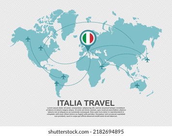 Travel to Italia poster with world map and flying plane route business background tourism destination concept