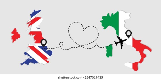 Travel to Italy by airplane from Great Britain concept. Flags symbol on maps. I love Italy vector illustration