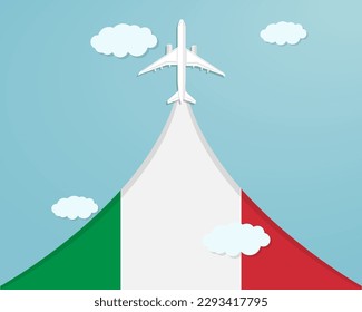 Travel to Italy by flight, destination concept, vacation in Italy, plane vector design, paper cut effect with blue sky and airplane, summer trip idea, country tourism banner