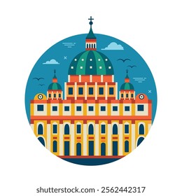 Travel Italy circle icon with famous Vatican basilica. Dome italian cathedral architectural landmark in flat design.