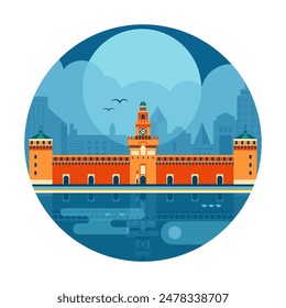 Travel Italy circle scene with medieval fortification in Milan inspired by Sforca castle. Old italian fortress architectural landmark and city skyline reflected in water in flat design.